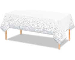 LUQ - Luxe Tafelkleed Wit Zilver Stippen Verjaardag Versiering Tafelloper Plastic Tafelzeil Feest Tafellaken Xl Formaat
