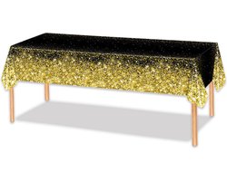 LUQ - Luxe Tafelkleed Zwart Goud Glitter Verjaardag Versiering Tafelloper Plastic Tafelzeil Feest Tafellaken Xl Formaat