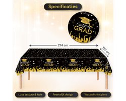 LUQ - Tafelkleed Geslaagd – Zwart & Goud Plastic Tafelzeil 137x274 cm – Feestdecoratie Afstuderen & Graduation