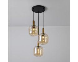 Lusenz - Hanglamp eettafel - 3 lichts Amber glas - Design hanglamp - E27 Fitting - Dimbaar - Zwart - Voor Eetkamer, gang, woonkamer, slaapkamer - Hoogte verstelbaar - Moderne hanglamp