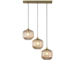 Lusenz - Hanglamp eettafel - 3 Lichts amber glas - Goud - Rechthoek - Ovale lampenkap - Voor woonkamer, slaapkamer, gang, zolder en hal - Hoogte verstelbaar - E27 Fitting - Dimbaar - Klassiek