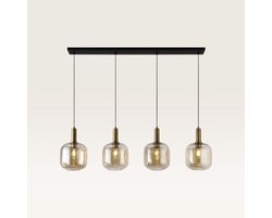 Lusenz - Hanglamp eettafel - 4 lichts Amber glas - Design hanglamp - E27 Fitting - Dimbaar - Zwart - Voor Eetkamer, gang, woonkamer, slaapkamer - Hoogte verstelbaar - Moderne hanglamp