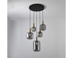 Lusenz - Hanglamp eettafel - 5 lichts smoke glas - Design hanglamp - E27 Fitting - Dimbaar - Zwart - Voor Eetkamer, gang, woonkamer, slaapkamer - Hoogte verstelbaar - Moderne hanglamp