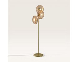 Lusenz - Virello - Gouden Staande lamp Metaal 150 cm - 3 bollen - Klassiek Vintage Design - Retro - Woonkamer lamp - E27 fitting - Amberkleurig glas - Met voetschakelaar