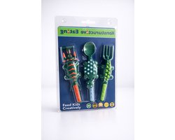 LuukyBB Montessorri Kinderbestek Set – 3 delig Oefenbestek Dinosaurs – Siliconen Plastic Bestekset Dino – Kinderen, Peuters, Kleuters, Baby's – Kinderservies Cadeau Jongens Meisjes – Vork Kinderservies Speelgoed