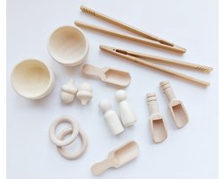 LuukyBB - Sensory Houten Speelset - 14 Stuks - Keuken Accessoires Speelrijst - Speelgoed Set Nins - Montessorri Open Ended Speelgoed Hout - Speelbak Kinetisch Zand - sensorisch spel Open Ended - Ontwikkeling Materiaal kleuters