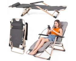 Luverno® Verstelbare Ligbed met Kussen en Telefoonhouder - Ligstoel - Tuinstoel - Campingstoel - Strandstoel - Lounger - tot 120 kg - Opvouwbaar