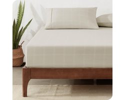 Luvetrex ® Bare Home Luxe Hoeslaken - Premium 1800 Microvezel - Extra Zacht, Kreukvrij, Vervaag- en Vlekbestendig - Diepe Hoeken - Bodemlaken (140 x 200, Modern Ruit - Steen/Wit)