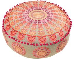 Luvetrex ® Bohemian Stijl Grote Vloerkussen met Pompons in Roze - Ronde Zitkussen Decoratie van Katoen 60 x 20 cm