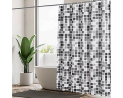 Luvetrex ® Zwarte Witte Grijze Mozaïek Douchegordijn 180x180 cm Waterdicht Textiel met 12 Ringen