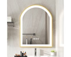 LUVODI badkamerspiegel met LED licht - 600x900mm gebogen verlichte wandspiegel - aluminium gouden frame - Smart Touch Switch - geheugenfunctie - anti-condens - 3 verwisselbare verlichtingskleuren - IP56