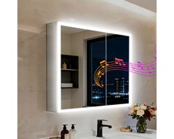 LUVODI Grote badkamerspiegelkast - 80x70 cm Wandgemonteerde LED-spiegelkast - Bluetooth-luidsprekers - Dimbare verlichting met 3 kleuren - Anti-condens - Stopcontact