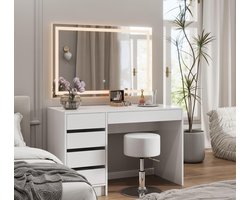 Lux Kaptafel met LED Spiegel – Wit – 120 cm – Moderne Make-uptafel met 5 Lades – Houten Kaptafel voor Dames & Meisjes – Inclusief Verlichting – Hoogglans Afwerking**