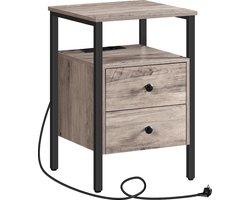 Lux Nachtkastje - Bijzettafel met stopcontacten en USB-poorten - bijzettafel met laden en legplank voor kleine ruimtes - woonkamer - slaapkamer - eenvoudig te monteren - Grijs/Zwart
