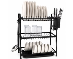 Luxaliving Afdruiprek 3 Laags – Afwasrek met Lekbak en Bestekhouder – Ruimtebesparend Droogrek voor Keuken – Zwart Metaal – 43 x 27 x 55 cm