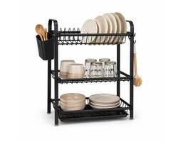 Luxaliving - Afdruiprek 3-Laags –Afwasrek met Lekbak en Bestekhouder – Zwart Metaal – Ruimtebesparend Droogrek Keuken – 43x27x55 cm – Modern Design