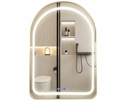 Luxaliving Badkamerspiegel met LED Verlichting – 60 × 90 cm – Goud – Touchbediening – Anti-condens – Klok