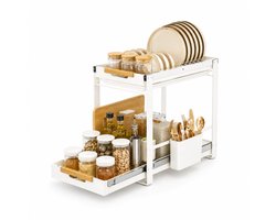 LuxaLiving Gootsteenkast Organizer met Afdruiprek – 2 Laags Uitschuifbaar – Keukenkast Organizer met Bestekhouder – Wit – 40 x 28 x 32 cm