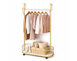 Luxaliving-kledinghangers hout - kledinghangers - Goud-Wit - Kapstok met opberg mand - Multifunctionele Kledingrek - Kleding Hanger met opbergmand -kledingrek op wieltjes - 170x80x32cm
