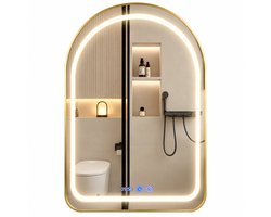 Luxaliving LED Badkamerspiegel 60x90 cm – Badkamerspiegel met Verlichting – Goud – Anti-condens – Touchbediening – Klok