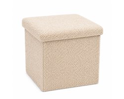 Luxaliving Opbergpoef Beige – Opvouwbare Poef met Opbergruimte – Bouclé Teddy Stof – Hocker met Deksel – Voetenbank 35x35 cm –