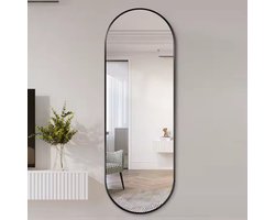 Luxaliving -Ovale Passpiegel 160x50 cm – Zwarte Metalen Rand – Wandspiegel met Haken