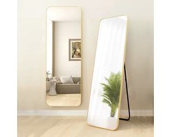 Luxaliving Passpiegel Goud - Ovale Randen - Moderne Spiegel - Veiligheidsglas - Passpiegel 160x50cm - Staande spiegel met haken - Slaapkamerspiegel - Hangspiegel - Wandspiegel