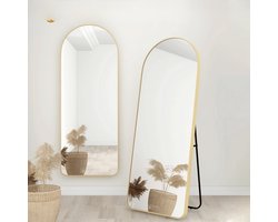 Luxaliving Passpiegel - Half Ovaal - Goud - Metaal - Veiligheidsglas - spiegel staand 160x50cm - Staande Spiegel - Wandspiegel met haken - Slaapkamerspiegel - Hangspiegel - Wandspiegel