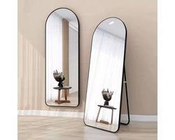 Luxaliving Passpiegel - Half Ovaal - Zwart - Metaal - Veiligheidsglas -Passpiegel 160x50cm - Staande Spiegel - Wandspiegel met haken - Slaapkamerspiegel - Hangspiegel - Wandspiegel