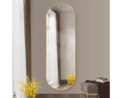 Luxaliving Passpiegel - Ovaal - Goud - Metaal - Passpiegel 160x50cm Wandspiegel Met 3 Haken - Slaapkamerspiegel - Hangspiegel - Wandspiegel