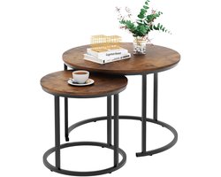 Luxaliving Salontafel Set Rond – Industrieel Hout & Metaal – 2-Delig – Grote Tafel 58×40 cm & Kleine Tafel 48×33 cm – Bijzettafels / Nesttafels – Vintage Bruin