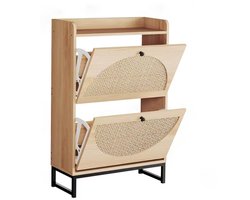 Luxaliving Schoenenkast Rotan – Schoenenrek met 2 Kleppen en Opbergplank – 90x57x24 cm – Smalle Halmeubel Houtlook met Metalen Onderstel – Naturel