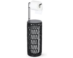 Luxaliving Toiletrolhouder Staand – Zwart – Toiletrolhouder met Plankje & Opbergruimte – Voor 4 Rollen – Boho Rotan Design