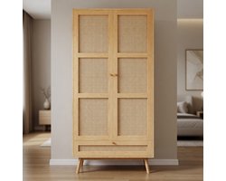 Luxe 2-Deurs Kledingkast met Kledingstang en Opklapbare Opbergruimte – Rotan Look Garderobekast – Houten Kast met Deuren – Slaapkamer & Woonkamer – Naturel Design – 90x45x183 cm Furnitureland