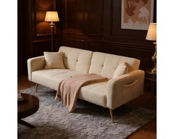 Luxe 2-in-1 Slaapbank Beige – Verstelbare Rugleuning, Uitklapbare Bedfunctie, Gouden Poten, Comfortabel Kussen, Houten Frame, Zijvakken – Bank voor Kleine Ruimtes - Casa Serena