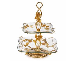 Luxe 2-Laags Etagère Goud met Glas – High Tea Serveerschaal – Taartplateau – Dessert Standaard – Decoratieve Serveertoren – Cupcake Standaard – Hapjes Plateau – Keuken Decoratie – Feest Serveerset – Vintage Design – Cadeau Idee – Home Decor – Luxe