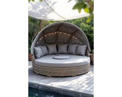 Luxe 2-persoons Zonne-eiland met LED Verlichting en Zonnepaneel –Premium Polyrotan Loungeset met Weerbestendige Kussens en Zonnescherm – Grijs Design Tuin Lounge Bed,Furnitureland