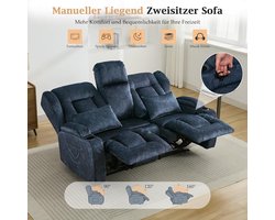 Luxe 2-Zits Elektrische Relaxbank met Slaapfunctie – Home Cinema Sofa met Console, Bekerhouders, USB & Stopcontact 172 x 72,9 x 110,2 cm Blauw