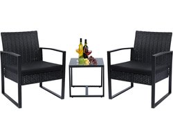 Luxe 2-zits Rotan Bistro Set - Tuinmeubelset met Kussen en Glazen Salontafel - Tuinmeubilair voor Balkon en Terras - Zwart