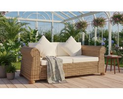 Luxe 2-Zits Tuinbank met Kussens en Inklapbare Bijzettafel – Comfortabele Polyrotan Buitenbank voor Terras, Balkon en Tuin – Afneembare Wasbare Kussenhoezen – Beige en Crèmekleurig House&Garden