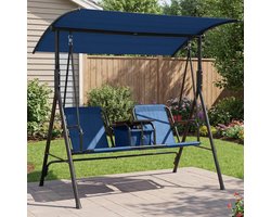 Luxe 2-Zits Tuinschommelbank met Verstelbaar Zonnedak - Schommelstoel voor Buiten incl. Draaitafeltje, Bekerhouders & Uitneembare Koeltas - Stalen Frame - Blauw