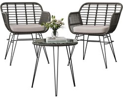 Luxe 3-delige Balkonset voor 2 Personen - Polyrattan Tuinset - Inclusief Comfortabele Kussens en Bijzettafel met Glasplaat - Weerbestendig & Verstelbare Poten - Naturel