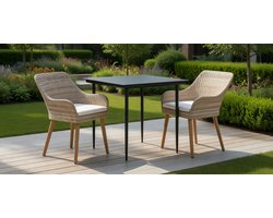 Luxe 3-delige Beige Tuinmeubelset – Polyrotan Tafel en 2 Stoelen – Perfect voor Terras, Balkon of Tuin – Duurzaam, Weerbestendig en Onderhoudsvriendelijk – 80x80x74 cm MedahomeStore