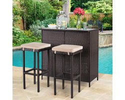 Luxe 3-Delige Outdoor Barset met Glazen Tafelblad en 2 Comfortabele Barkrukken – 102x102x102 cm Bar Tafel, 40 inch Diepte, Weerbestendig Polyrattan Wicker met Stalen Frame, Inclusief Beige Kussens voor Tuin, Balkon en Terras