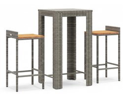 Luxe 3-Delige Tuinbarset met Polyrotan Bartafel & 2 Krukken – Massief Acaciahout Tafelblad, Weerbestendig Outdoor Barmeubel voor Tuin, Balkon & Patio – Modern Grijs Tuinmeubelset voor Zomer Bijeenkomsten – NoviHome