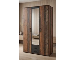 Luxe 3-Deurs Kledingkast met Betonlook & Old Style Design – 120x196x53,5 cm – Ruime Opbergkast voor Slaapkamer – Bruin Hout – MedaHomeStore