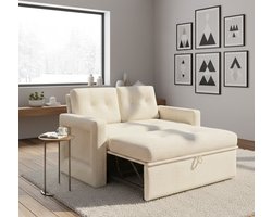 Luxe 3-in-1 Slaapbank met Slaapfunctie en Verstelbare Rugleuning – 2-Zits Bank Bed met Klaptafel, Zijzakken en Comfortabel Corduroy Beige Stof – Multifunctionele Bank voor Woonkamer, Appartement of Slaapkamer – 177 x 135 cm House&Garden