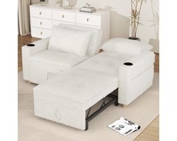 Luxe 3-in-1 Slaapbank met Verstelbare Rugleuning – Uitschuifbare Tweepersoons Sofa Bed met Kussens – Comfortabele Teddy Stof – Ideaal voor Woonkamer / Logeerkamer / Studio – Wit
