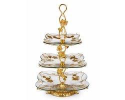 Luxe 3-Laags Etagère Goud met Glas – High Tea Etagere – Dessert Standaard – Cupcake Standaard – Serveerschaal – Taartplateau – Hapjes Plateau – Fruit Etagere – Decoratieve Serveertoren – Feest Serveerset – Vintage Design – HomeDecor Cadeau