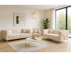 Luxe 3-Zits Banken Set – Beige Textiel – Gouden Details – Inclusief 2 Fauteuils – Klassieke & Moderne Zitmeubelset